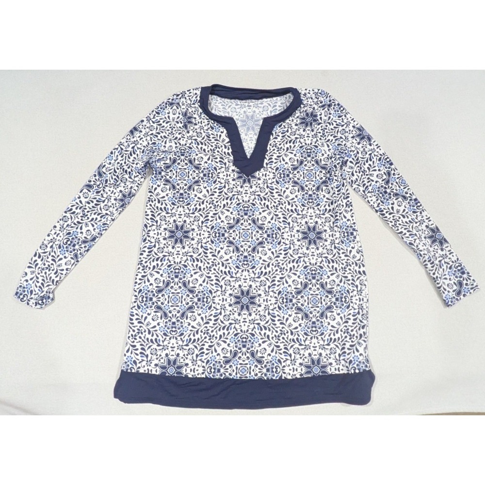 Lands End Swim Tunic Women M 10-12 Blue White Floral Medallion Long Sleeve
